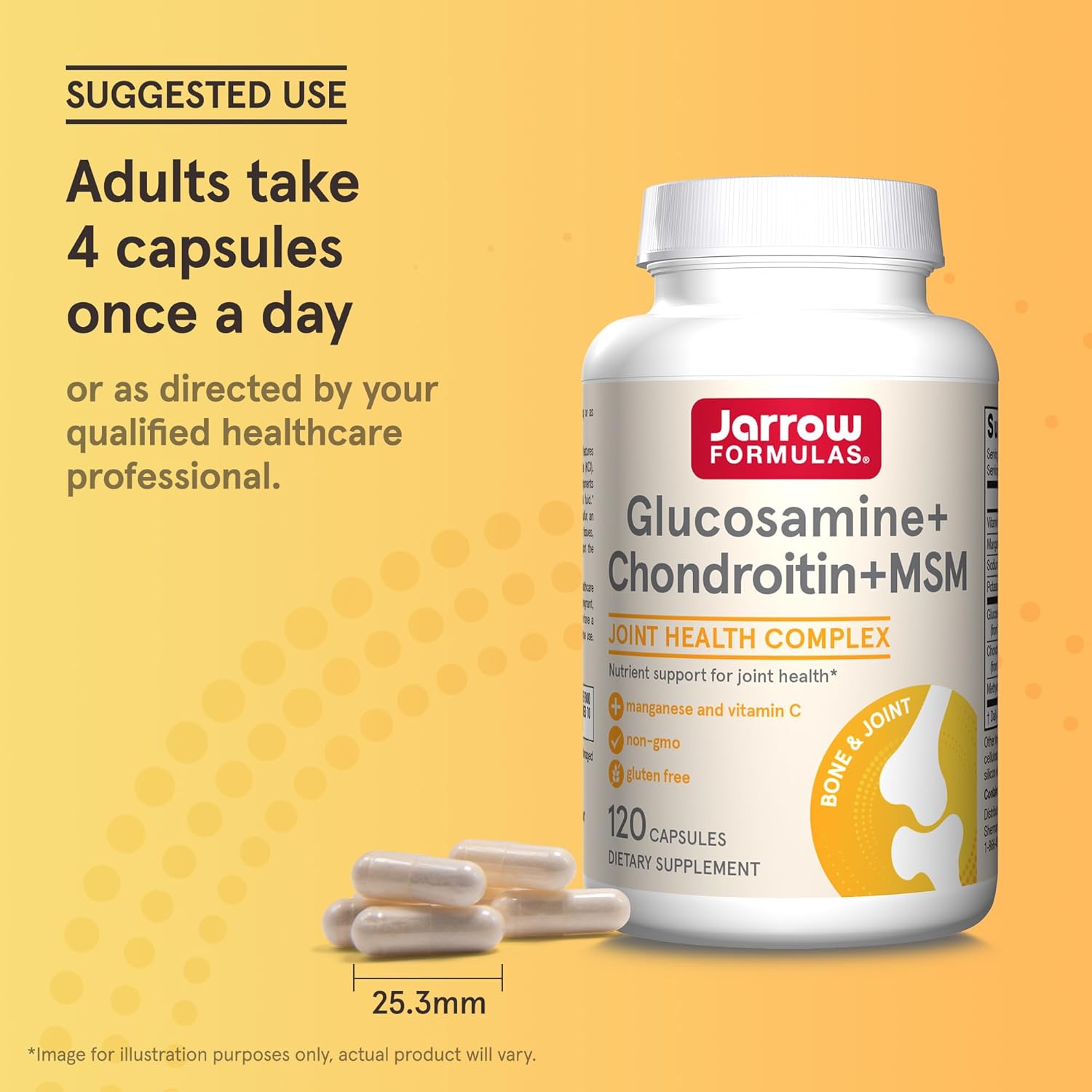 Jarrow Formulas Glucosamine, Chondroitin, and MSM Capsules; Joint Support Supplement with Vitamin C and Manganese, Bone & Joint Health, 120 Capsules, 30 Day Supply