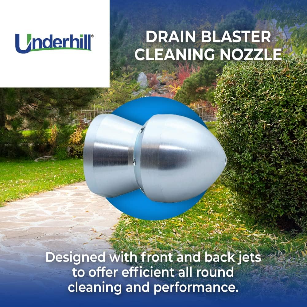 Underhill Drain Blaster Hose Cleaner Nozzle, Sewer Jetter, Washer, High Pressure Hose Attachment Tip, 70 PSI, 3/4-Inch Female Hose Thread Inlet, DN-75