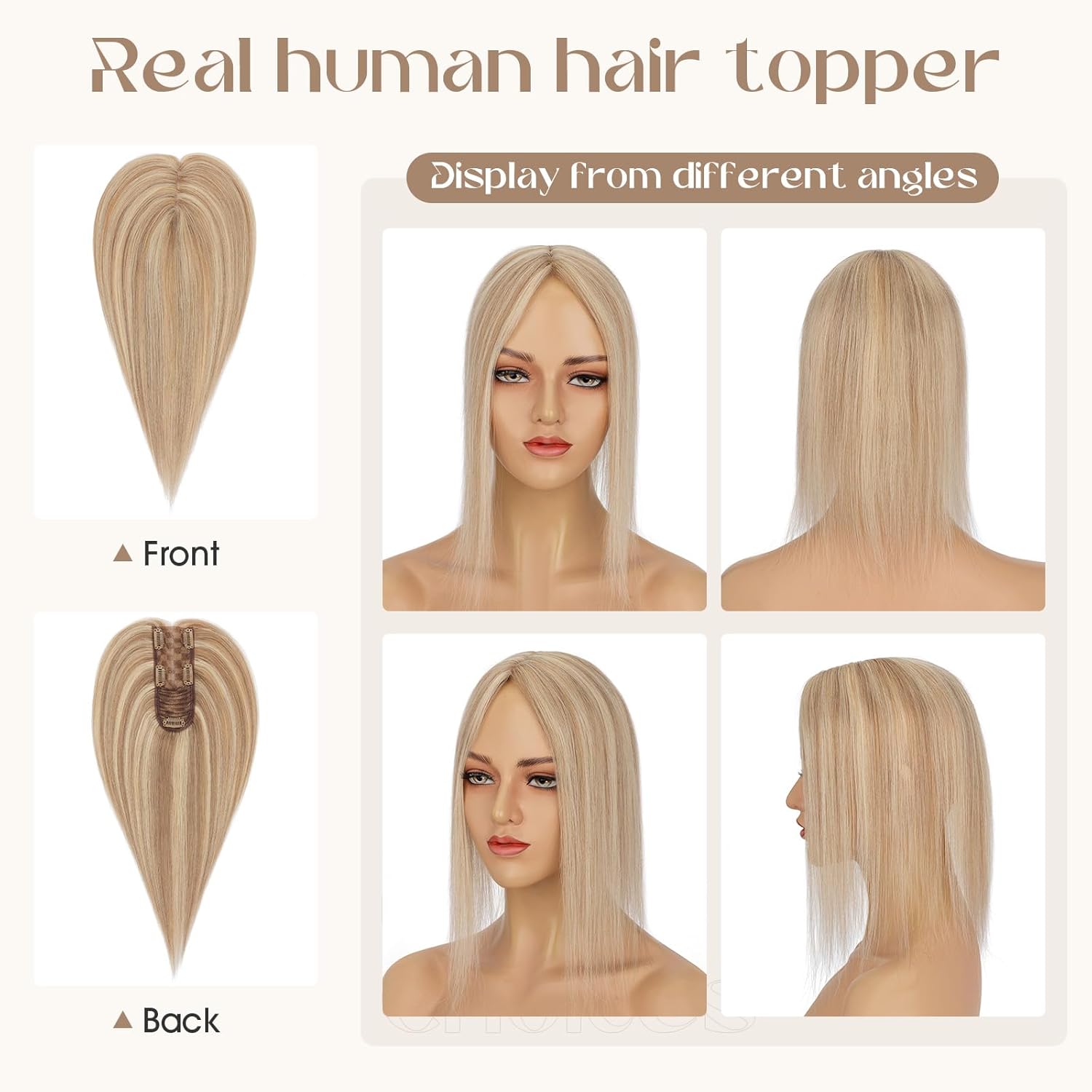 Rich Choices Hair Toppers for Women Real Human Hair 100% Human Remy Toppers for Women with Thinning Clip in NO Bangs Lace Base 150% Density 14 Inch #12P613 Golden Brown Highlight Bleach Blonde