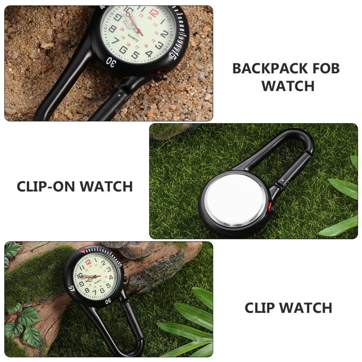 SOLUSTRE Clip On Quarzuhr mit Fluoreszierendem Zifferblatt Federbelasteter Karabiner Kompakte Gürteltaschenuhr für Damen und Herren Outdoor Rucksackbefestigung Präzise Zeitanzeige