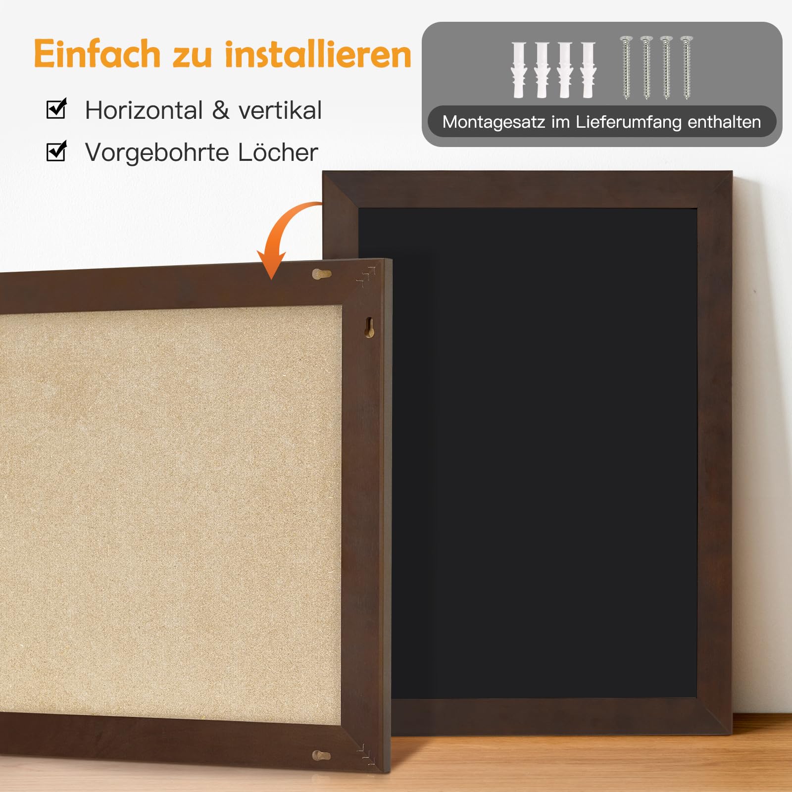 DOLLAR BOSS Magnetische Kreidetafel 60x45cm, Magnettafel Schwarz Blackboard | Rahmen aus massivem Kiefernholz, Wandtafel Kreidetafel zum aufhängen Magnetwand für Küche Bar Café und Büro, Braun