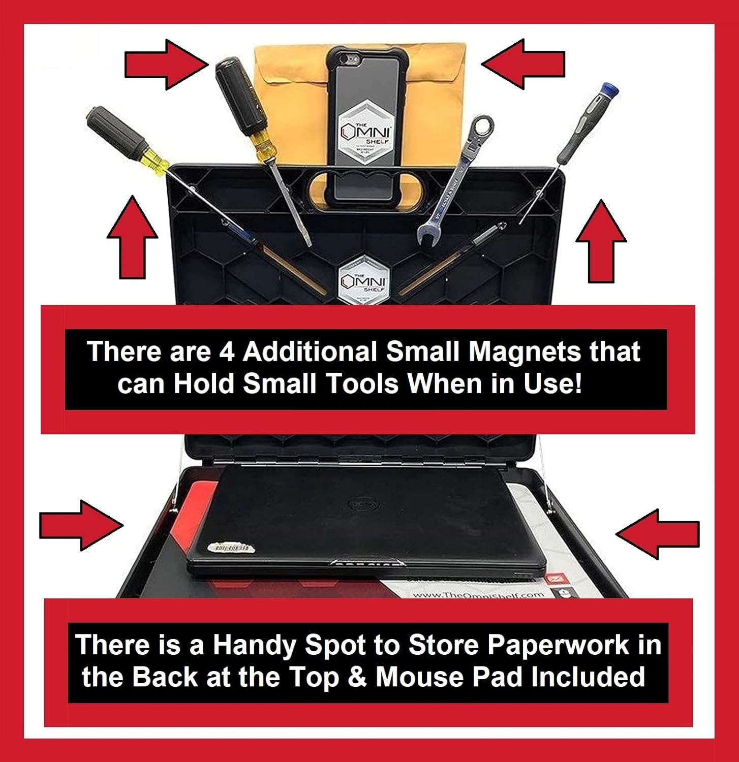 The OmniShelf Magnetic Portable Workstation + Toolbox, Computer & Laptop Stand, Multimeter Case, Utility Shelf w/ 50 lb Capacity, Hands Free Workstation Attaches to HVAC, Trucks & More (5 Count)