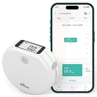 Smart Body Tape for Tracking Fitness Goals, LCD Display 1.5M Long Retractable Bluetooth Digital Tape Measure with 12 Body Parts Tracking Options for Weight Loss, Muscle Gain & Body Fat White