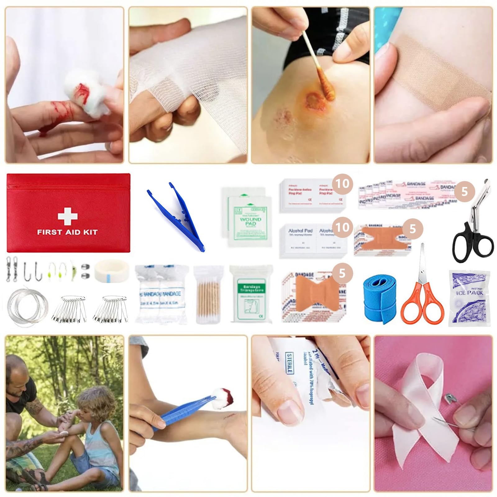 Kit de survie avec kit de premiers secours, 180 pièces, équipement de survie avec filtre à eau, paille, lampe de camping, pince multifonction, couteau pour homme, pince pliante, aventures de voyage