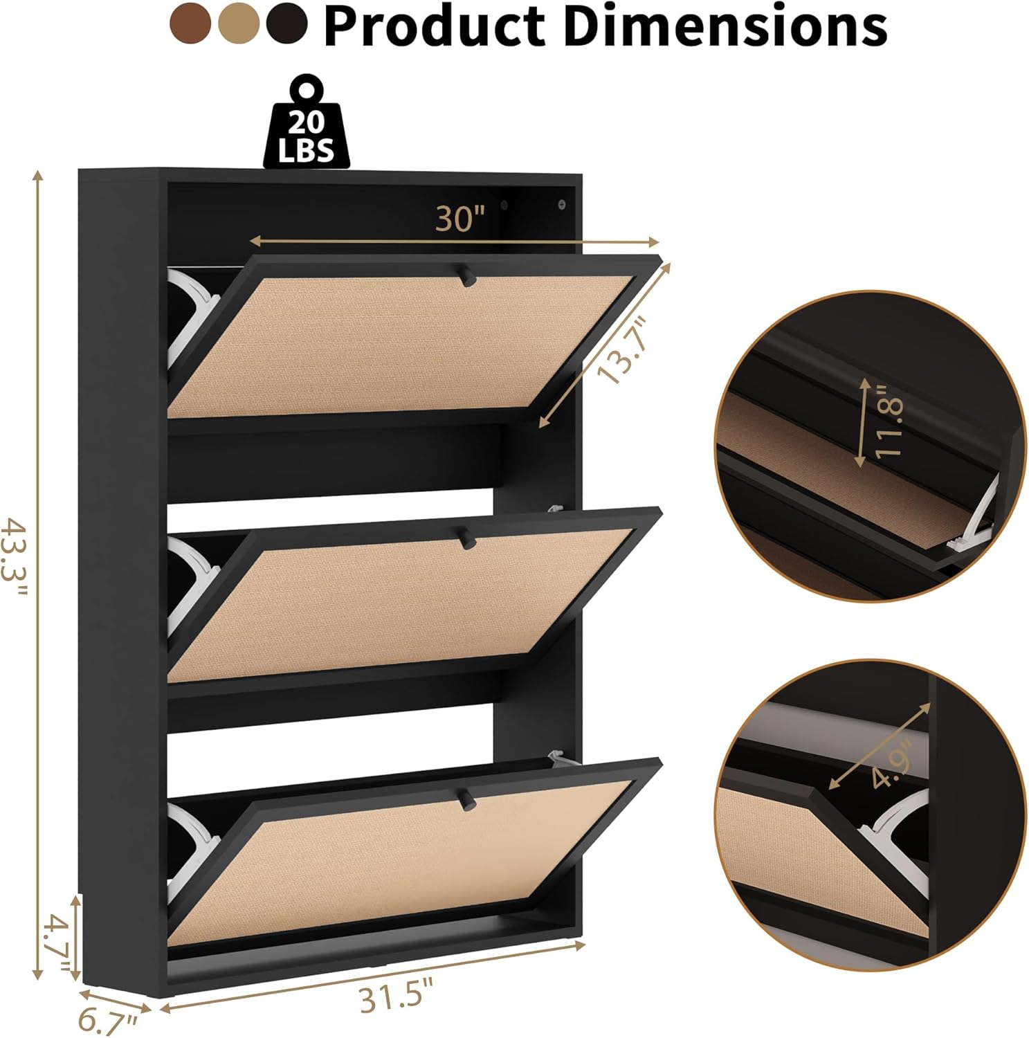 Narrow Shoe Storage Cabinet, 31.5" Slim Shoe Organizer with 3 Flip Drawer, Modern Hidden Shoes Cabinet for Entryway, Non-Divider Drawer Wood Shoe Storage for Hallway, Living Room (Black)