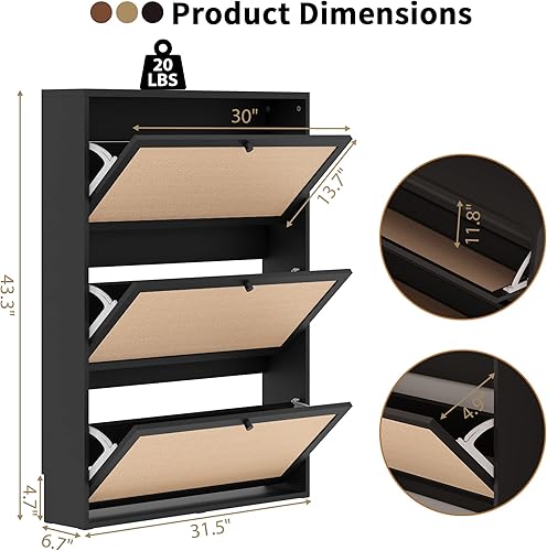 Miniatura 2 de AVZEAR Armario estrecho de almacenamiento de zapatos para entrada con panel de lino natural, gabinete de zapatos delgado independiente con 3 cajones