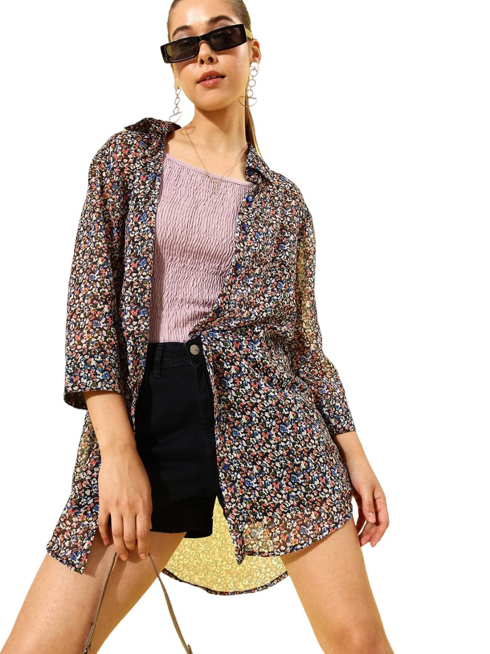 anvi be yourself Women's Floral Printed Collared Neck Longline Casual Shirt || Trendy Flower Printed 3/4th Sleeve Spread Collar Button Down Semi-Sheer Transparent Shirt for Women Stylish Western-picture-18