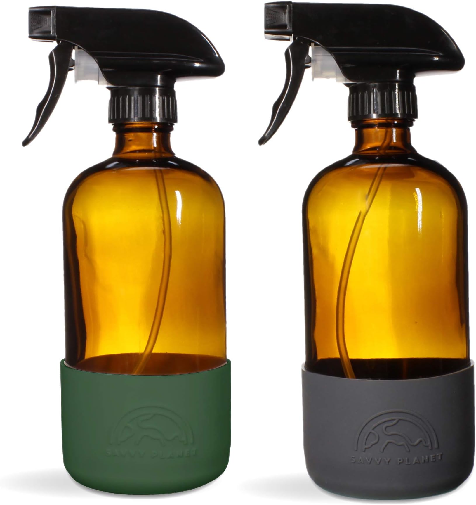 SAVVY PLANET Empty Amber Glass Spray Bottles with Silicone Sleeve Protection - Refillable 16 oz Containers for Cleaning Solutions, Essential Oils, Misting Plants - Quality Sprayer - 2 Pack