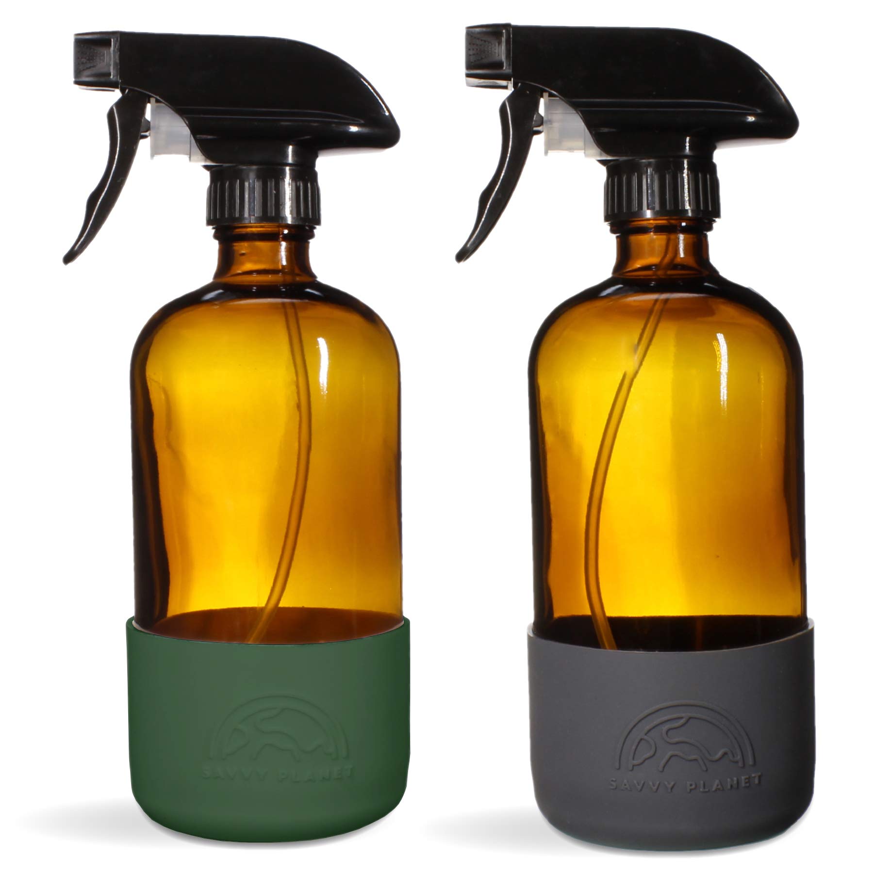 Empty Amber Glass Spray Bottles with Silicone Sleeve Protection - Refillable 16 oz Containers for Cleaning Products, Essential Oils, Misting Plants - Quality Sprayer - 2 Pack