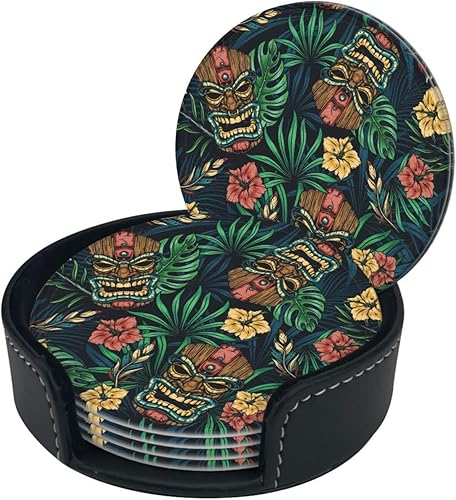 Miniatura 3 de Famame 6 posavasos hawaianos de cuero con hojas tropicales Tiki para bebidas con soporte, juegos de posavasos para mesa de bebidas, posavasos para