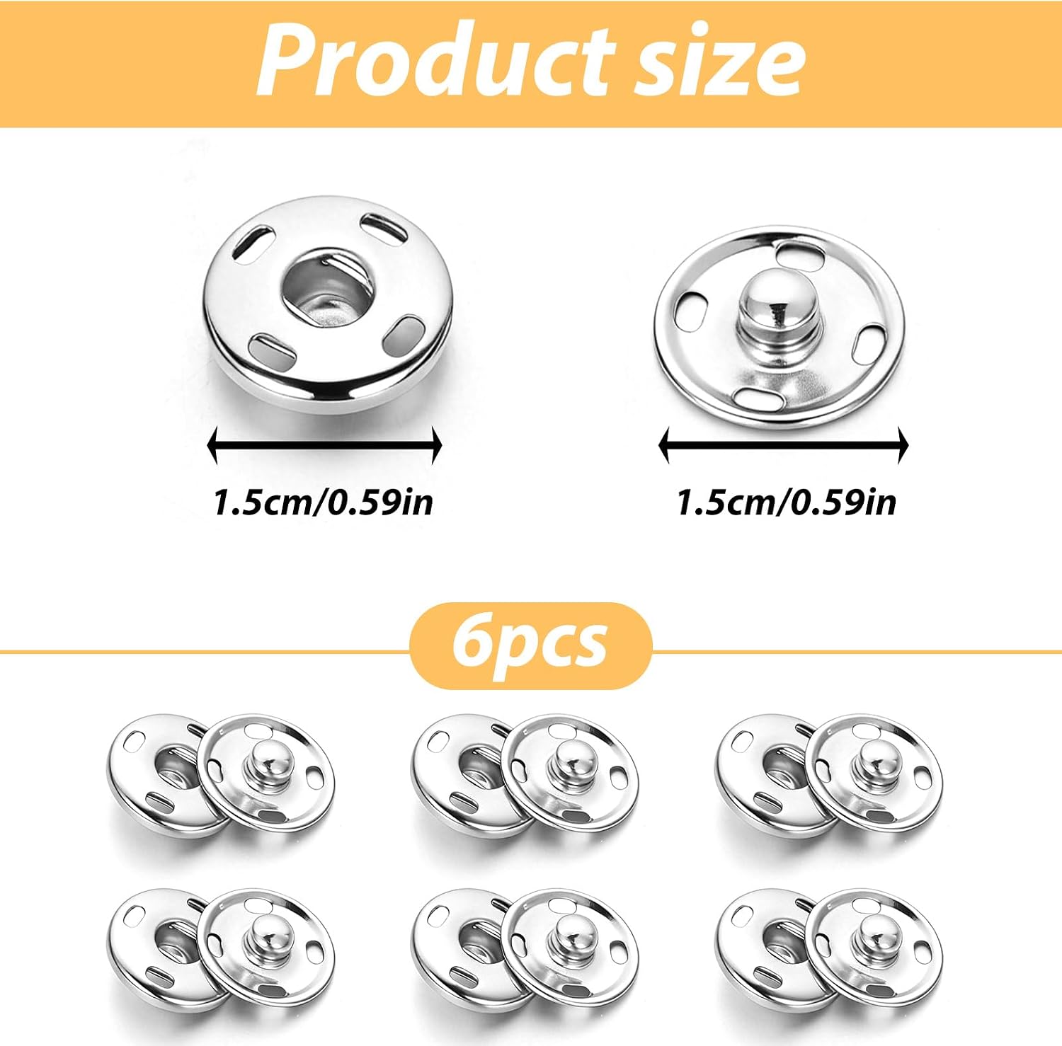6 Sets Sew on Snap Buttons, Rustproof Metal Sew on Snaps Buttons Silver Metal Snap Button Fasteners Press Studs for Sewing Clothes Jackets Jeans Shirt Bags DIY Crafts (15mm) image 2
