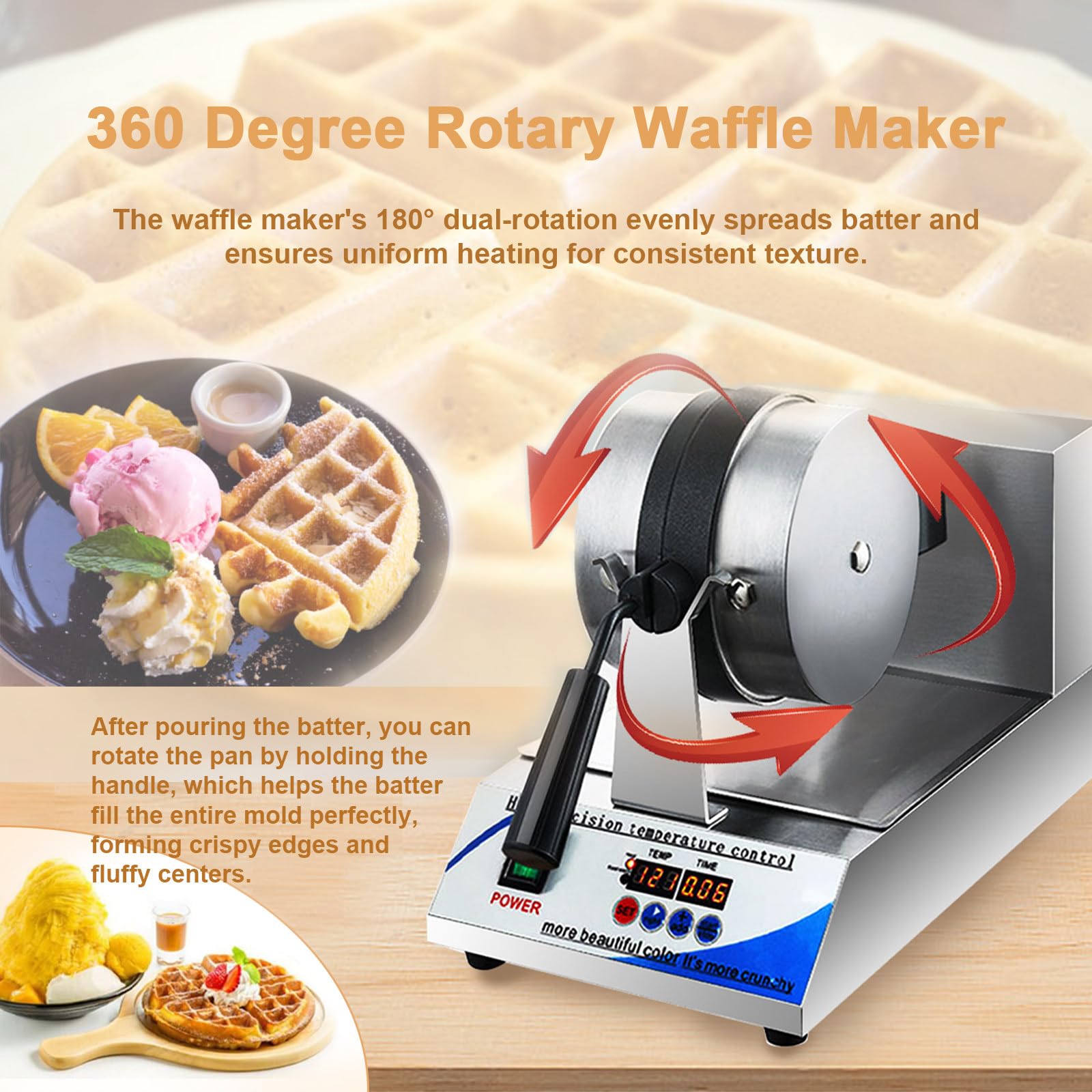Gofrera De Calentamiento Por Ambos Lados De 1200 W, Temporizador Digital (0-299 °C), Gofrera Redonda, Antiadherente, Para Cafeterías, Pastelerías Y Repostería Casera, Con Kit De Repostería