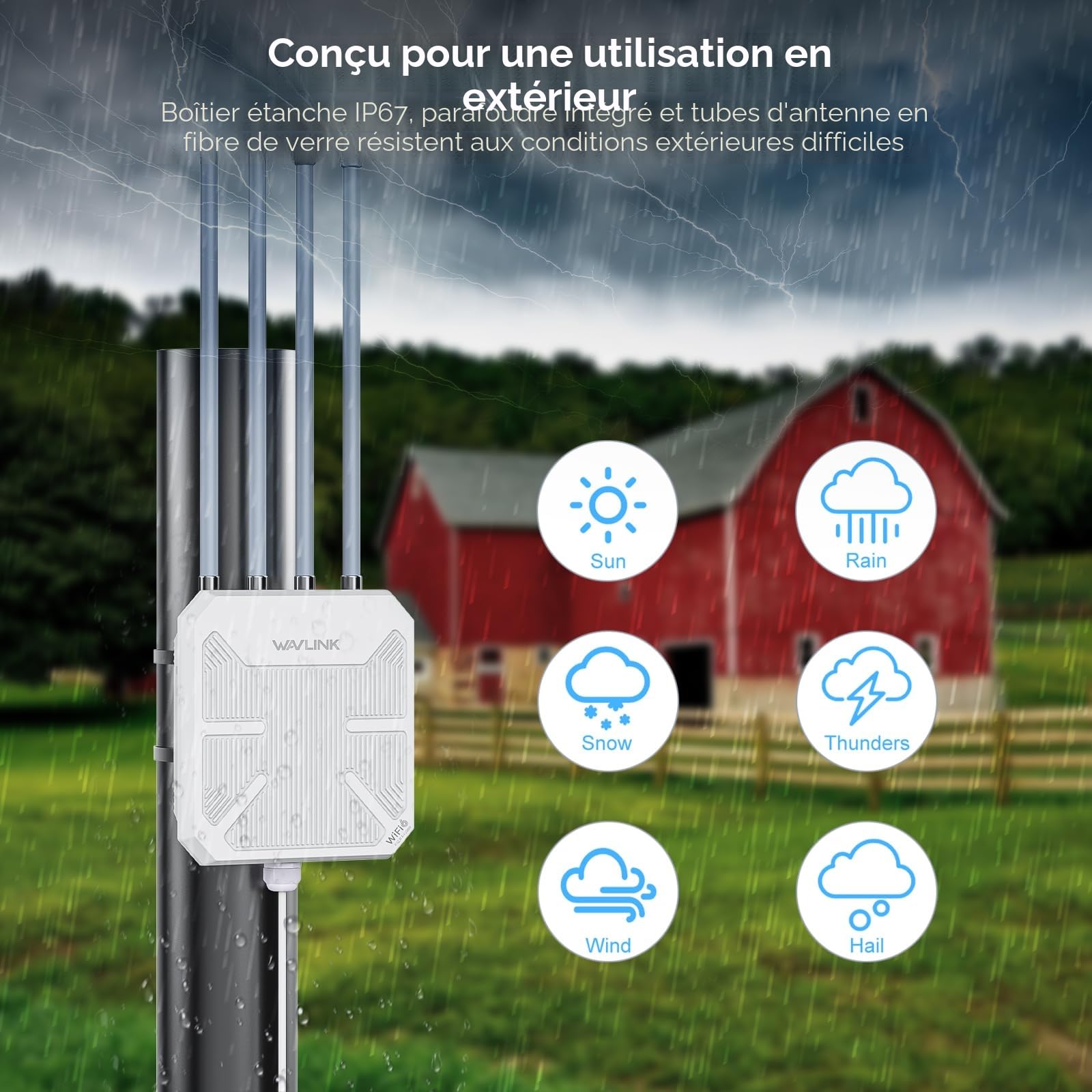 WAVLINK WiFi6 Outdoor Access Point, Long Range Outdoor WiFi, Dual Band 2.4G+5G AX3000 Mesh Extender avec antennes PoE/4x8dBi High-Gain/IP67 Protection contre les intempéries