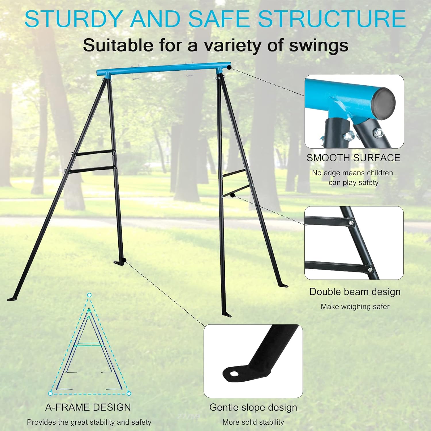 Swing Frame for Backyard 440 lb Heavy Duty A-Frame Metal Outdoor Swing Frame, Fits Most Swings, Saucer Swing Yoga Swing Frame, Sky Blue, 73"