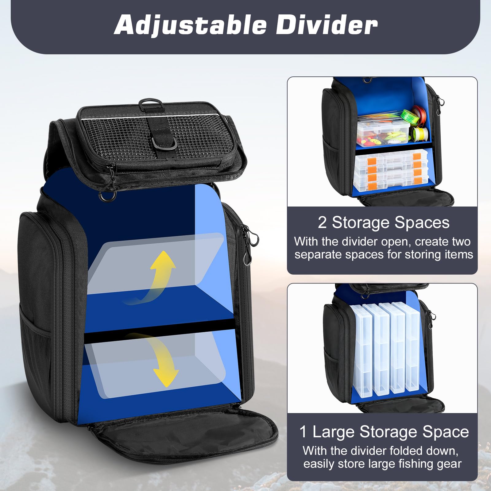 MoKo Mochila de Pesca, Mochila Grande 40L con portacañas y Carpeta de Cebo para Guardar el Equipo de Pesca y el Equipo de Senderismo y Camping, Regalos para Hombres y Padres, Negro