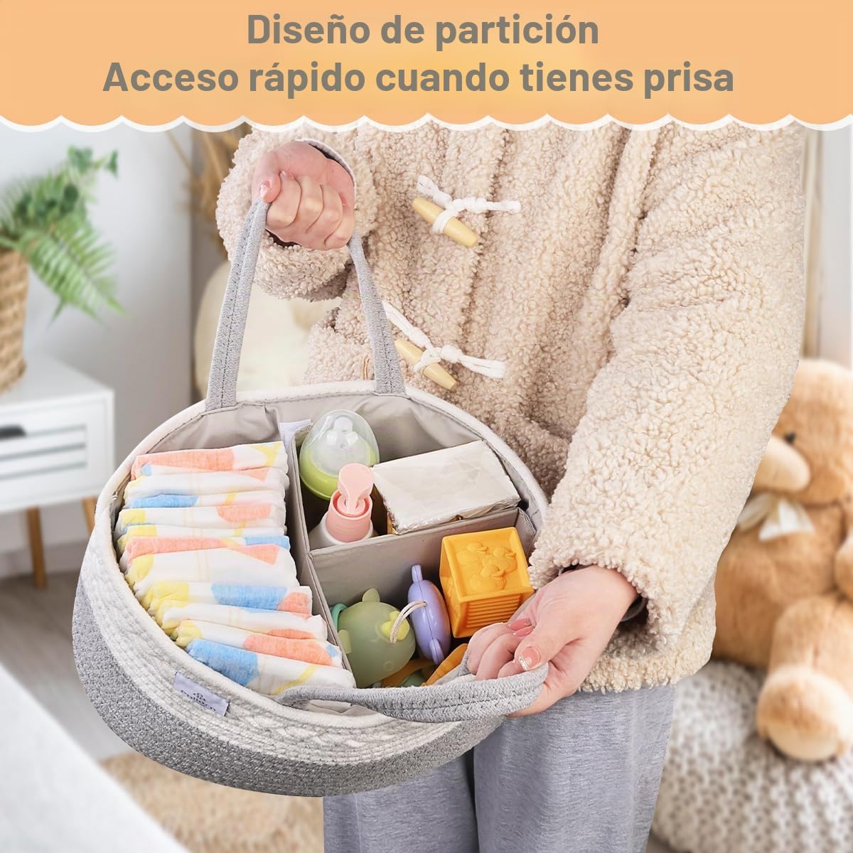 PHILORN Organizador de Pañales para Bebé, Canasta de Almacenamiento Portátil de Pañales Tejidos con Cuerda de Algodón con Compartimentos Extraíbles, Organizador de Carrito de Pañales para Bebés