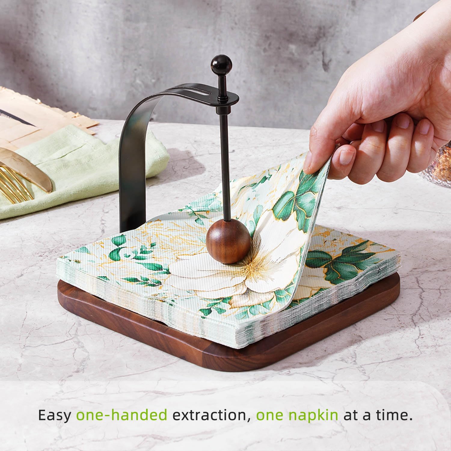 Napkin Holder for Table, Cocktail Decorative Napkin Holder with Weighted Arm, Modern Square Napkin Holders for Paper Napkins, Napkin Tray for Kitchen Coffee Bar Decor, Black Walnut Wood