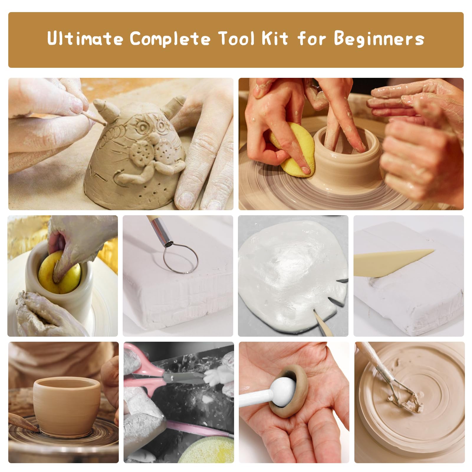 Air Dry Clay Kit for Adults,66 Pcs Beginners Pottery Kit,Craft Clay Kit Includes 4.4Lbs Air Dry Clay,Tools, Paints,Brushes,Gloss Varnish,Sand Papers,Non-stick Rolling Pin,Storage Bag,Christmas Gift