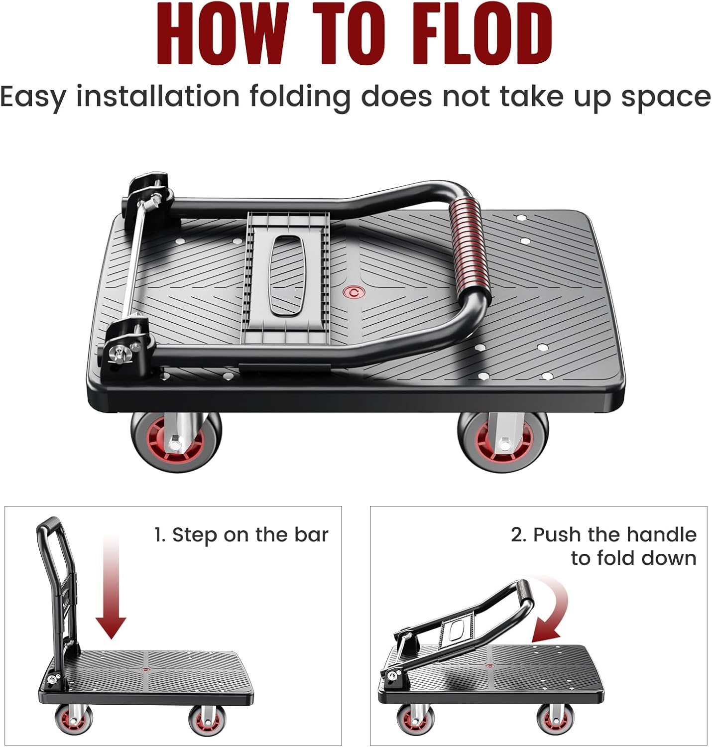 Upgraded Foldable Push Cart Dolly | 660 lbs. Capacity Moving Platform Hand Truck | Heavy Duty Space Saving Collapsible | 4‘’ TPR 360-Degree Silent Wheels | 2 Swivel Wheels and 2 Fixed Wheels