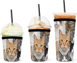 Anti-Scald Cats Coffee Tea Cups Drink Sleeves | Cat Breeds Packed Cats Art, 3 Pcs Lightweight Hot Cup Sleeves Cup Sleeve for Road Trip, Hot Cold Drink