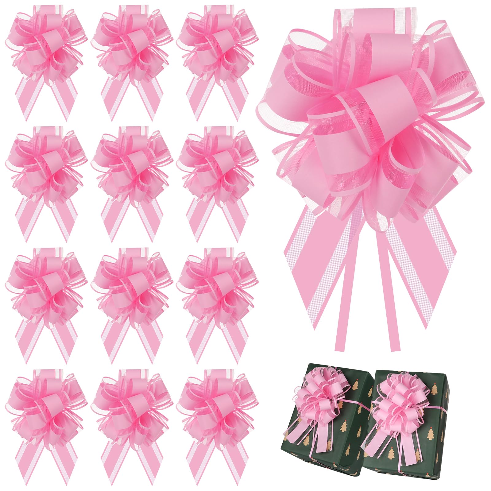 12 pcs 6 inch Wide Pink Large Bows for Gift Wrapping, Xmas Pull Bows for Presents,Christmas Gift Bows for Gift Baskets,Christmas Tree,Valentine's Day,