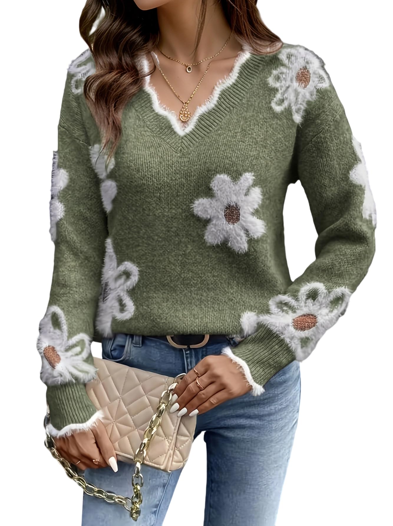 Womens V Neck Fuzzy Sweater Casual Flower Long Sleeve Ribbed Knit Pullover Loose fit Jumper Tops
