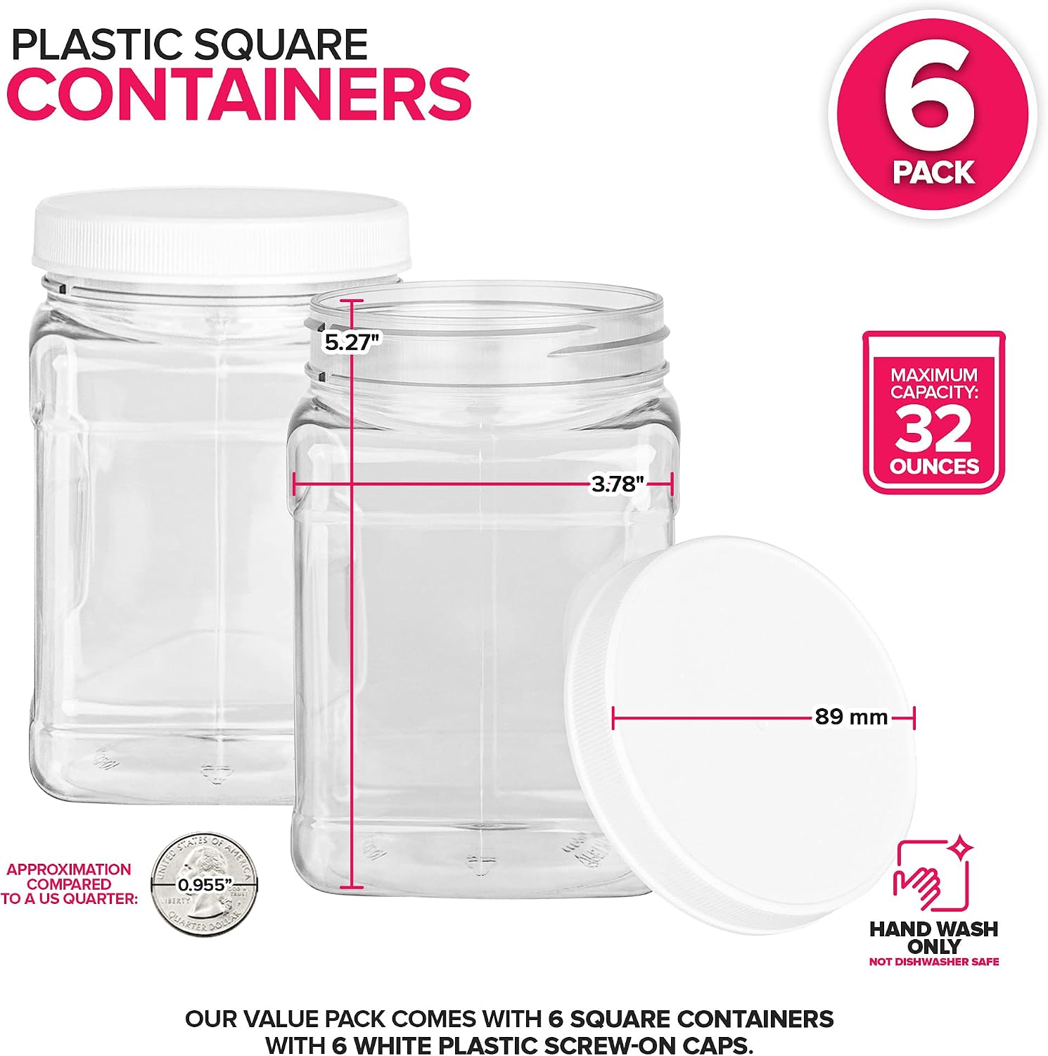 Stock Your Home Plastic Storage Jars (6 Pack) - 32 Oz Square Plastic Canisters with Lids - Shatterproof Plastic Storage Jars with Lids - Reusable Wide Mouth Clear Plastic Containers with Lids