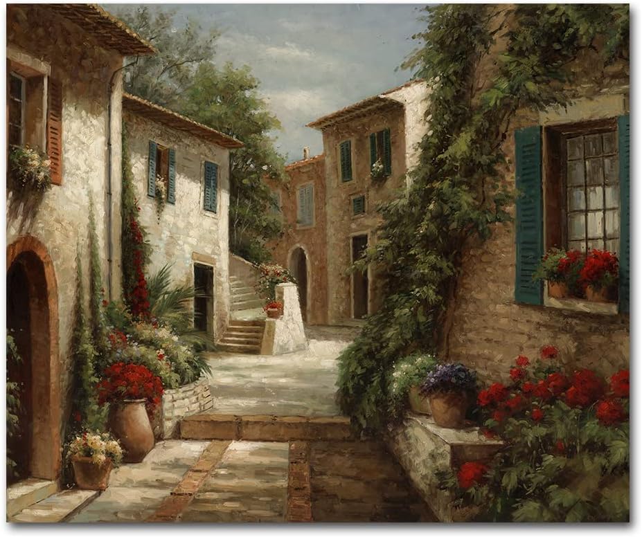 Italy Town Painting Tuscany Wall Art Streets of Mediterranean Towns Canvas Prints Landscape Picture Framed Ready to Hang Farmhouse Decor 20 x 24 Inch