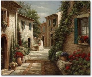 Italy Town Painting Tuscany Wall Art Streets of Mediterranean Towns Canvas Prints Landscape Picture Framed Ready to Hang Farmhouse Decor 20 x 24 Inch