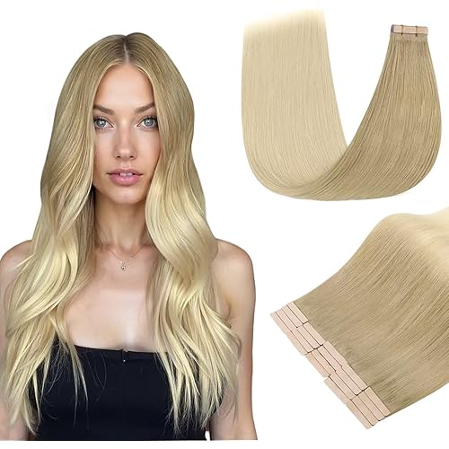 DOORES Tape in Hair Extensions Human Hair, Light Brown to Golden Platinum Blonde 26 Inch 60g 20pcs, Human Hair Extensions Long Straight Remy Hair Tape in Extensions