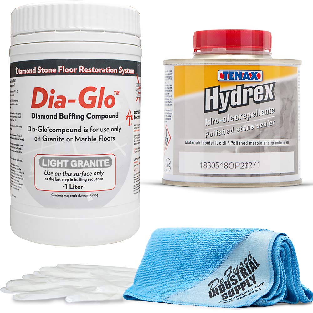 Dia-Glo (Diaglo) Light Granite 1QT, Stone Granite Floor Polishing Compound - Tenax Hydrex 1/4 Liter - 16x16 Microfiber Cloth - Gloves - Bundle - 4 Items