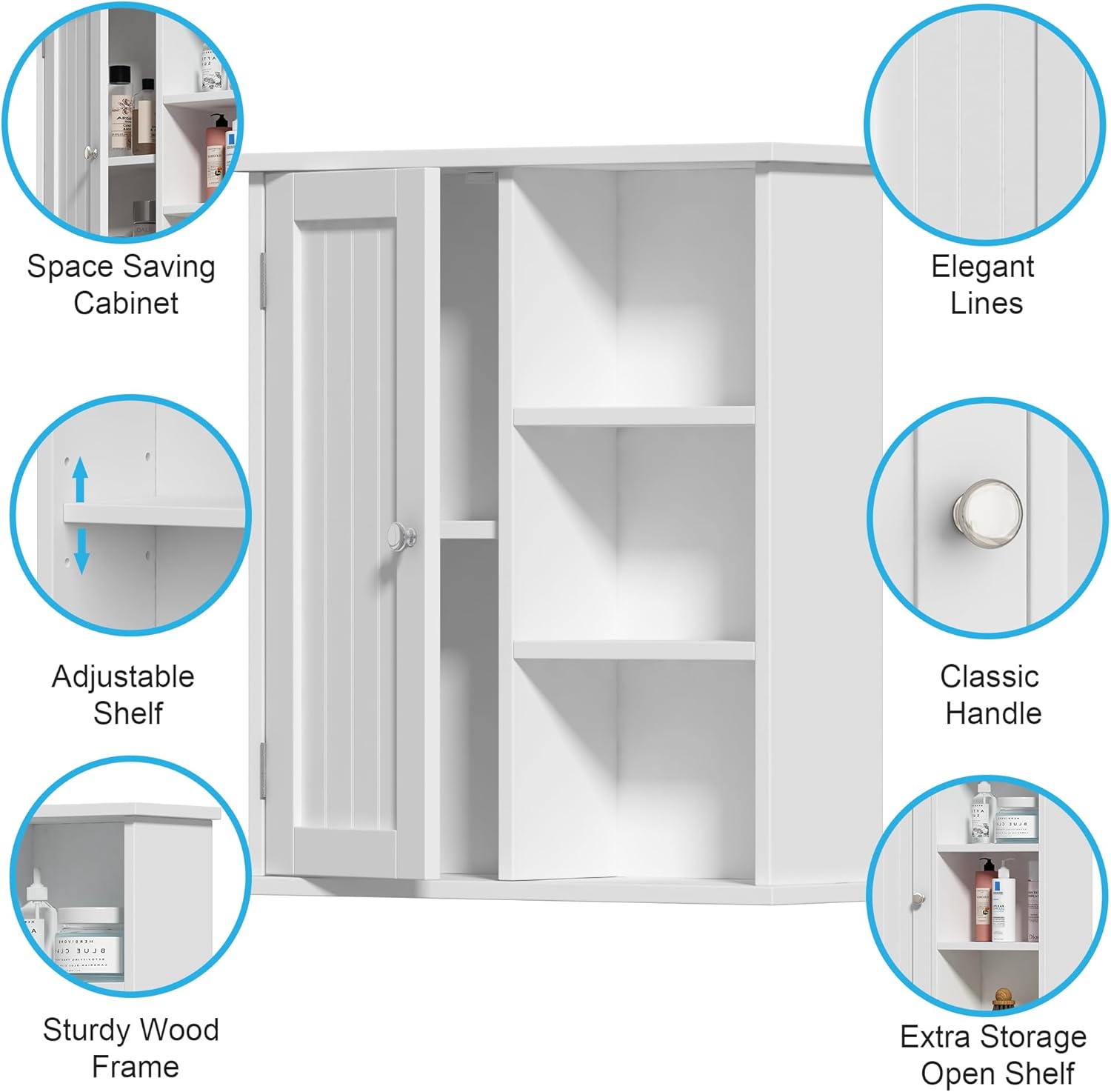 Treocho Bathroom Wall Cabinet, Medicine Cabinet with Door and 3 Open Shelves, Wall Mounted Storage Organizer for Bathroom, Kitchen, Living Room, White