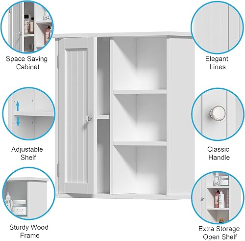 Miniatura 6 de Treocho Armario de pared de baño, botiquín con puerta y 3 estantes abiertos, organizador de almacenamiento montado en la pared para baño, cocina,