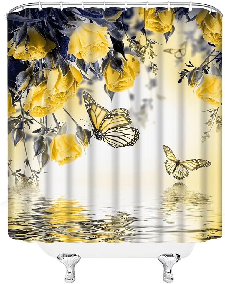 Flower Butterfly Shower Curtain Yellow Rose Floral Fantasy Spa Lake Wings Animal Water Reflection Spring Natural Scenery Garden Woman Fabric for Bathroom Decor Bathtub with Hooks(70" WX84 H)