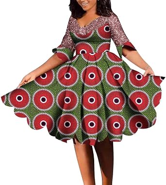 XIAOHUAGUA African Dresses for Women Shine V Neck Wax Print Patchwork Dresses Dashiki African Style Dresses