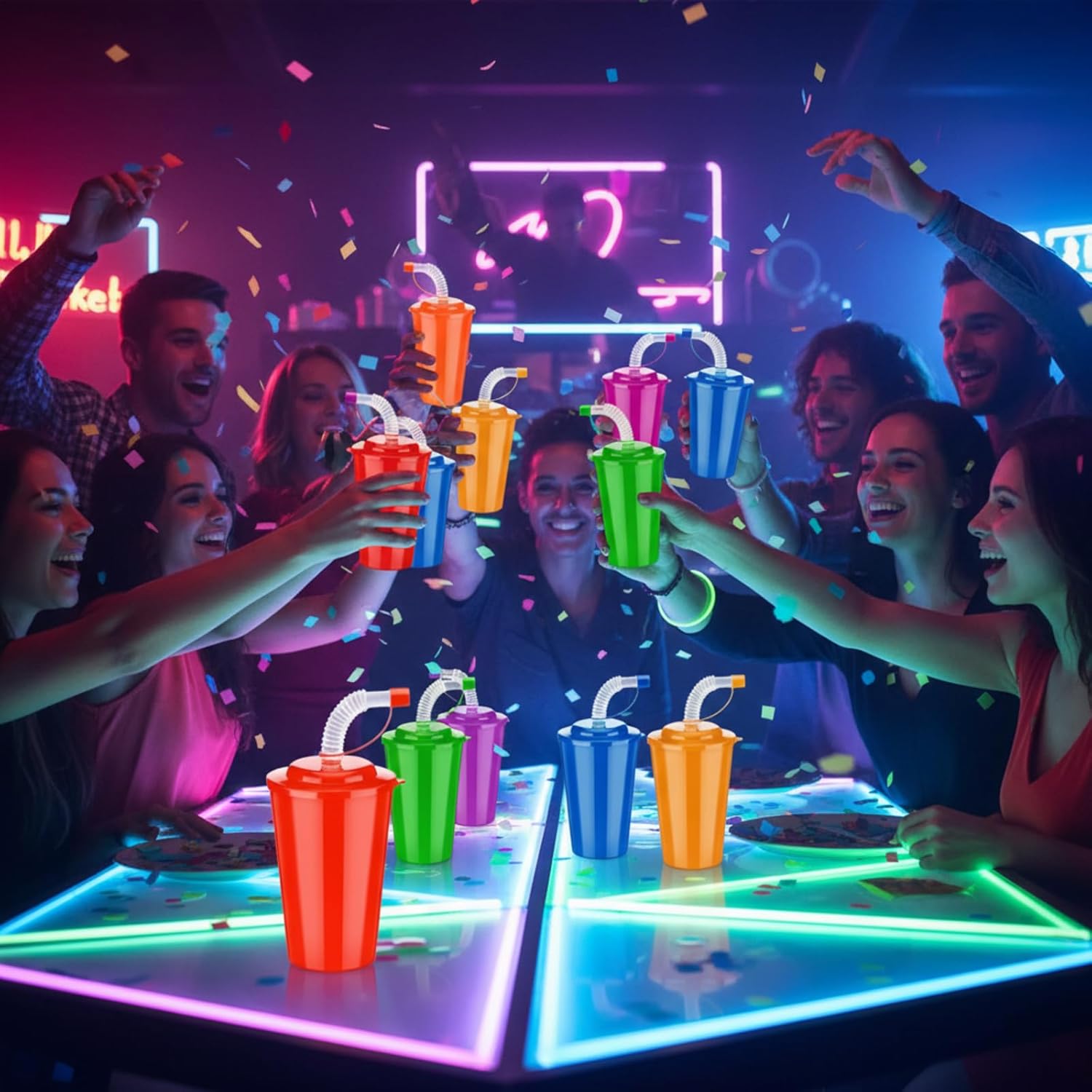 Zubebe 18 Pcs Neon Straws Cups 12 oz Colorful Neon Cups with Sipper and Lids Plastic Favor Reusable Straw for Birthday Party Events Supplies, 6 Colors - Image 7