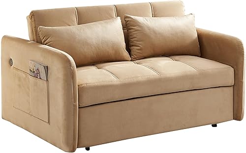 Miniatura 5 de Quarte Sofá cama extraíble de 55.5 pulgadas, moderno sofá biplaza de terciopelo con 2 almohadas lumbares, bolsillos y USB para sala de estar pequeña