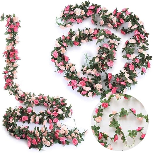 2 Pack Artificial Rose Flower Garland Fake Rose,8.2 ft /2.5m Flower Vine Artificial Flower