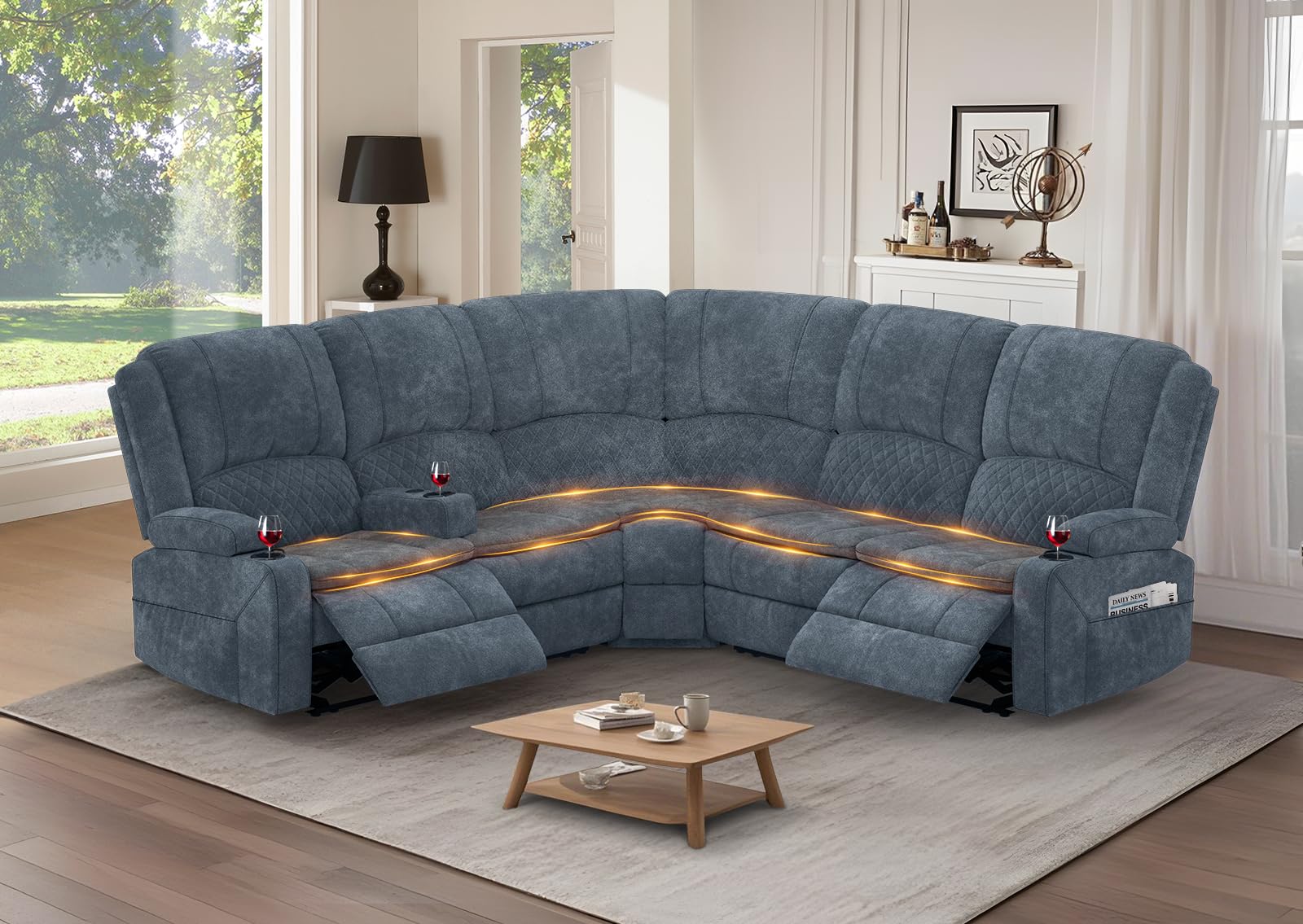 Manual Reclining Sectional Sofa Set 5 Seats Soft Fabric Recliner Corner Sectional Couch Family-Sized L-Shaped Recliner Couch with