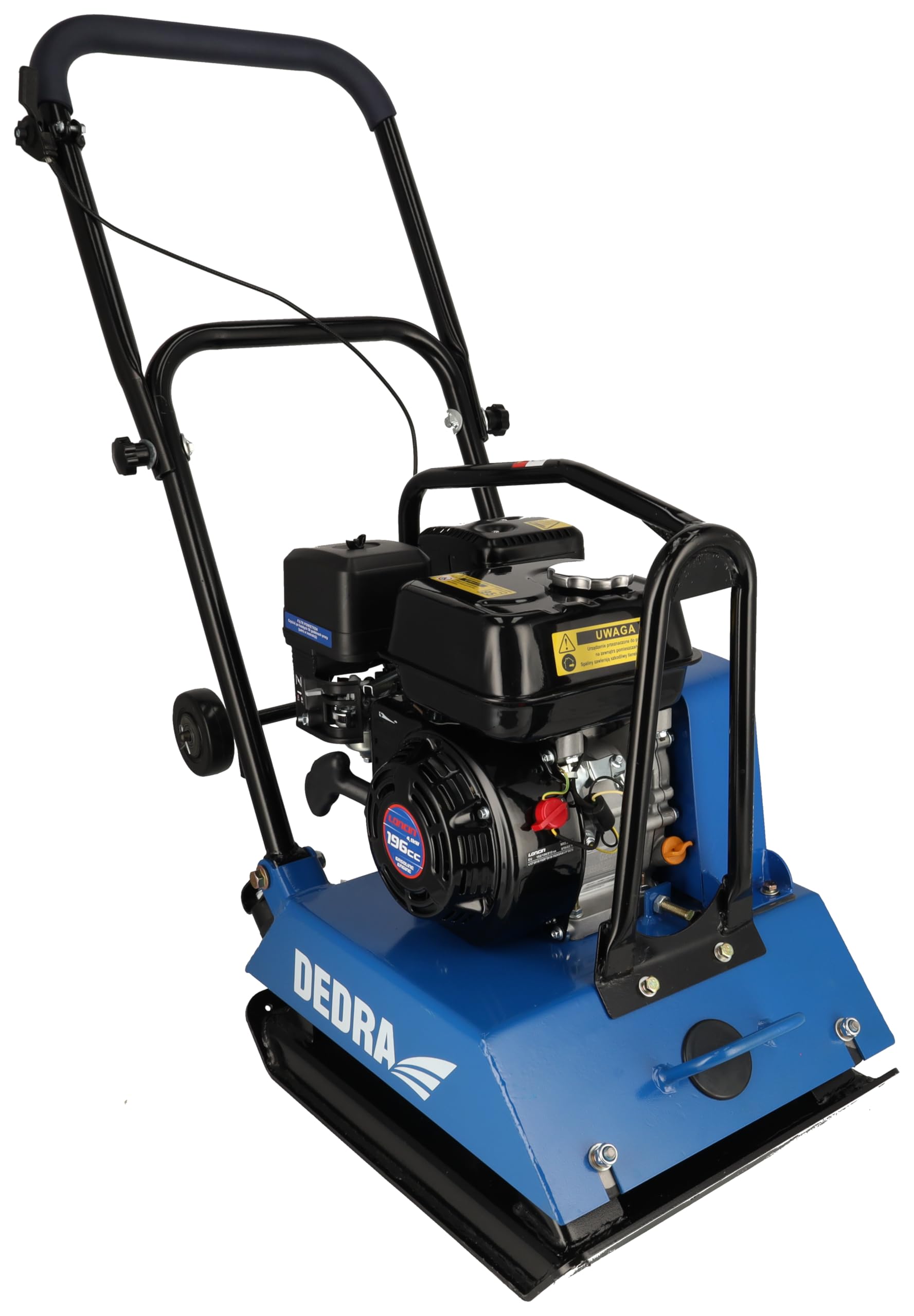 DEDRA Rüttelplatte Leistung 4100 W, Gewicht 88 kg, Hubraum 196 cc Loncin, Plattengröße 420x550 mm, 5800 Schläge pro Stunde, für Bauarbeiten, mit Gummimatte, mit Räder und große Transportgriffe