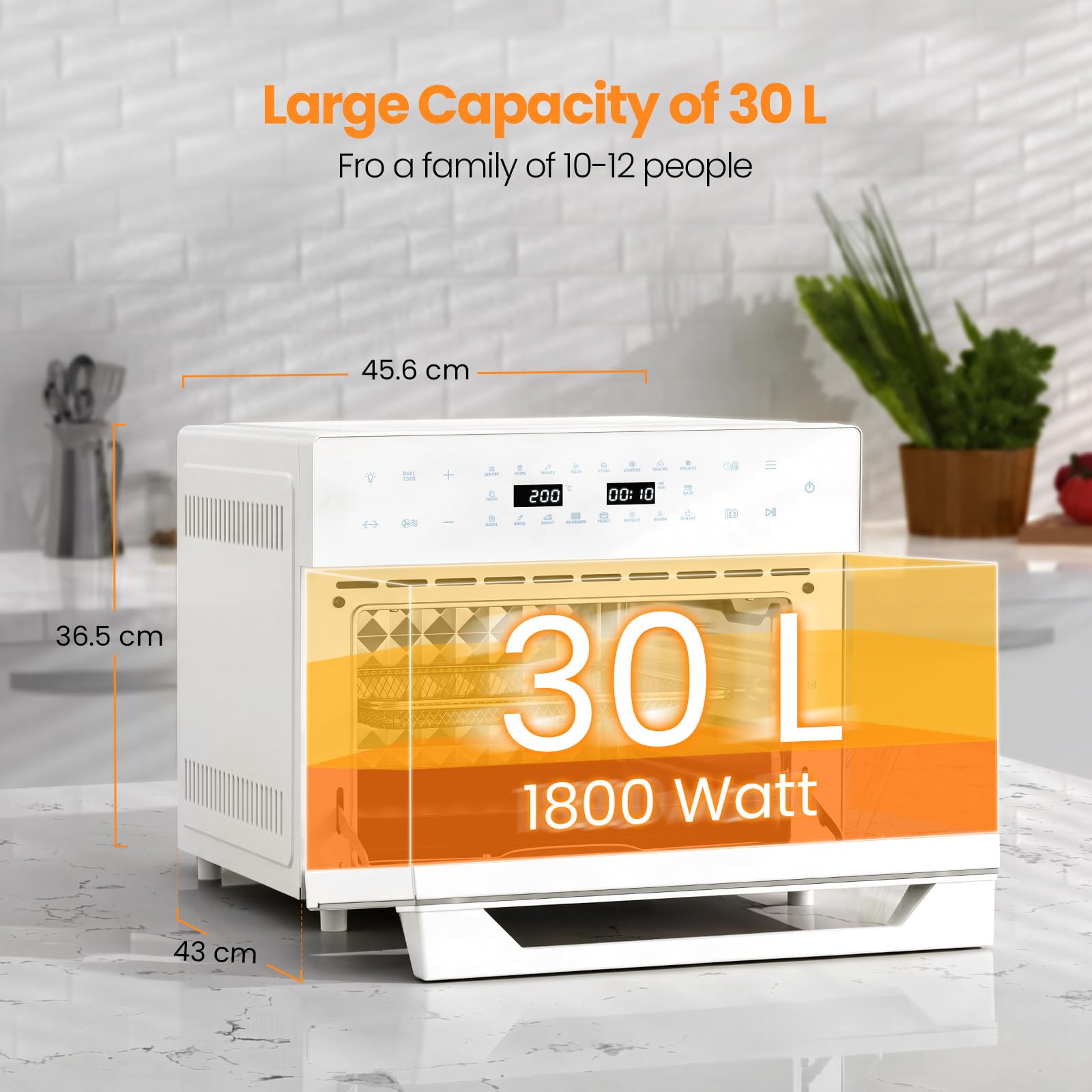 LLIVEKIT XXL Frytkownica powietrzna, piekarnik 30 l z obrotowym rożnem, frytkownica bezolejowa z 20 programami i 9 akcesoriami, wyświetlacz dotykowy LED Air Fryer, konwekcja z przepisami, 1800W, 80°C