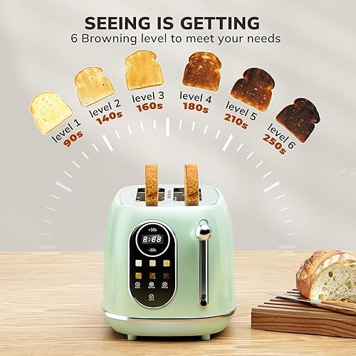 Miniatura 5 de Keenstone Tostadora inteligente con pantalla táctil de 2 rebanadas, tostadora retro de acero inoxidable de ranura ancha con 6 niveles de bronceado,