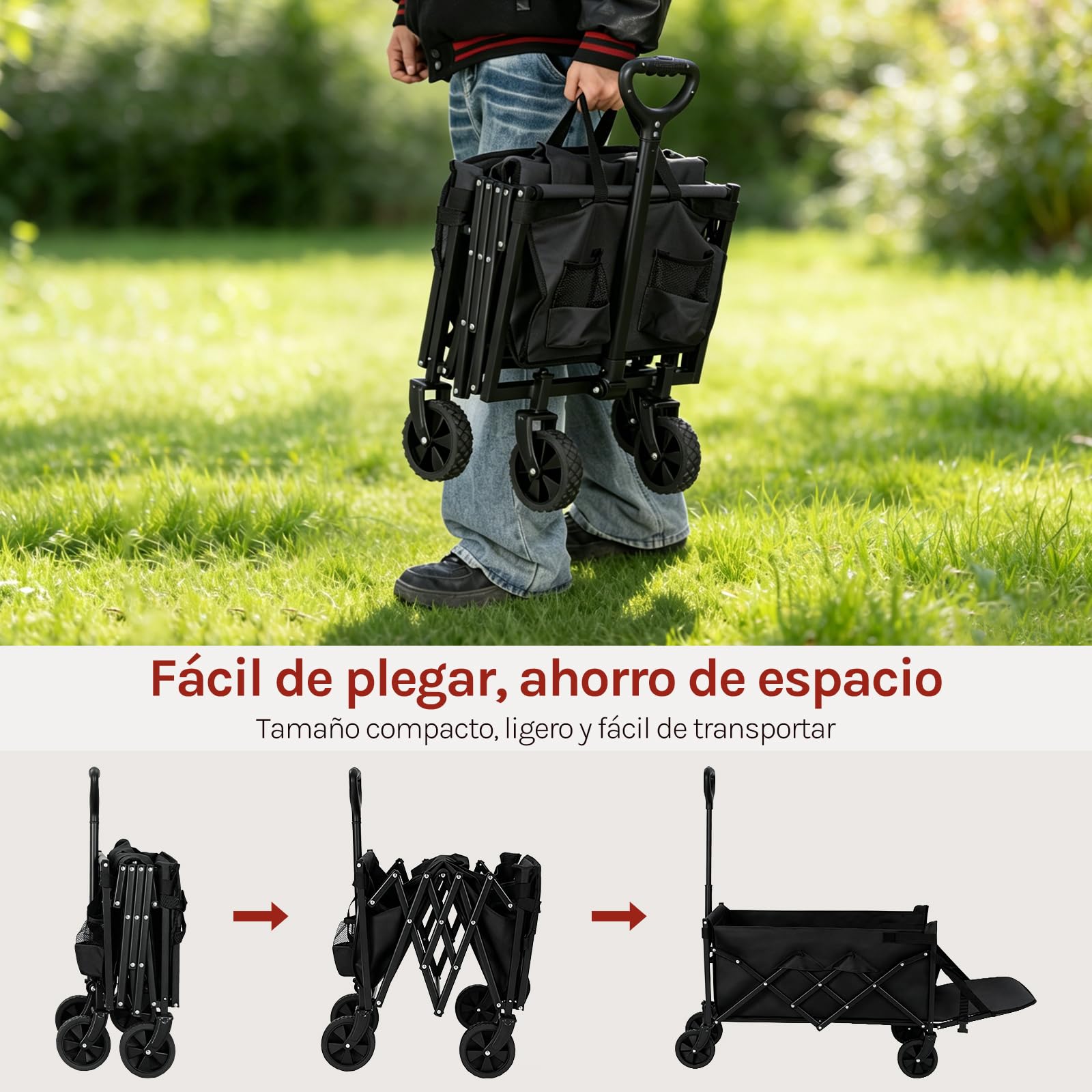 WOLTU Carrito para Jardín, Carro Plegable con Ruedas, Asa Retráctil, 2 Portavasos y Panel Trasero Plegable, Ideal para Camping y Fiestas, Metal y Tela Oxford 600D, Capacidad de Carga 150 kg, Negro