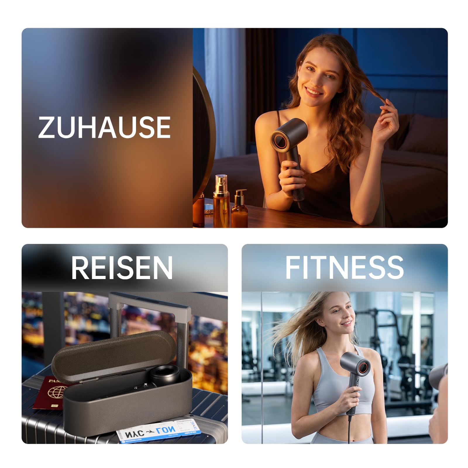 BOWEI Hochgeschwindigkeits Ionen Haartrockner mit Premium PU-Hartschalenetui Für schnelles Trocknen zuhause und auf Reisen, gegen Frizz und für glänzendes Haar