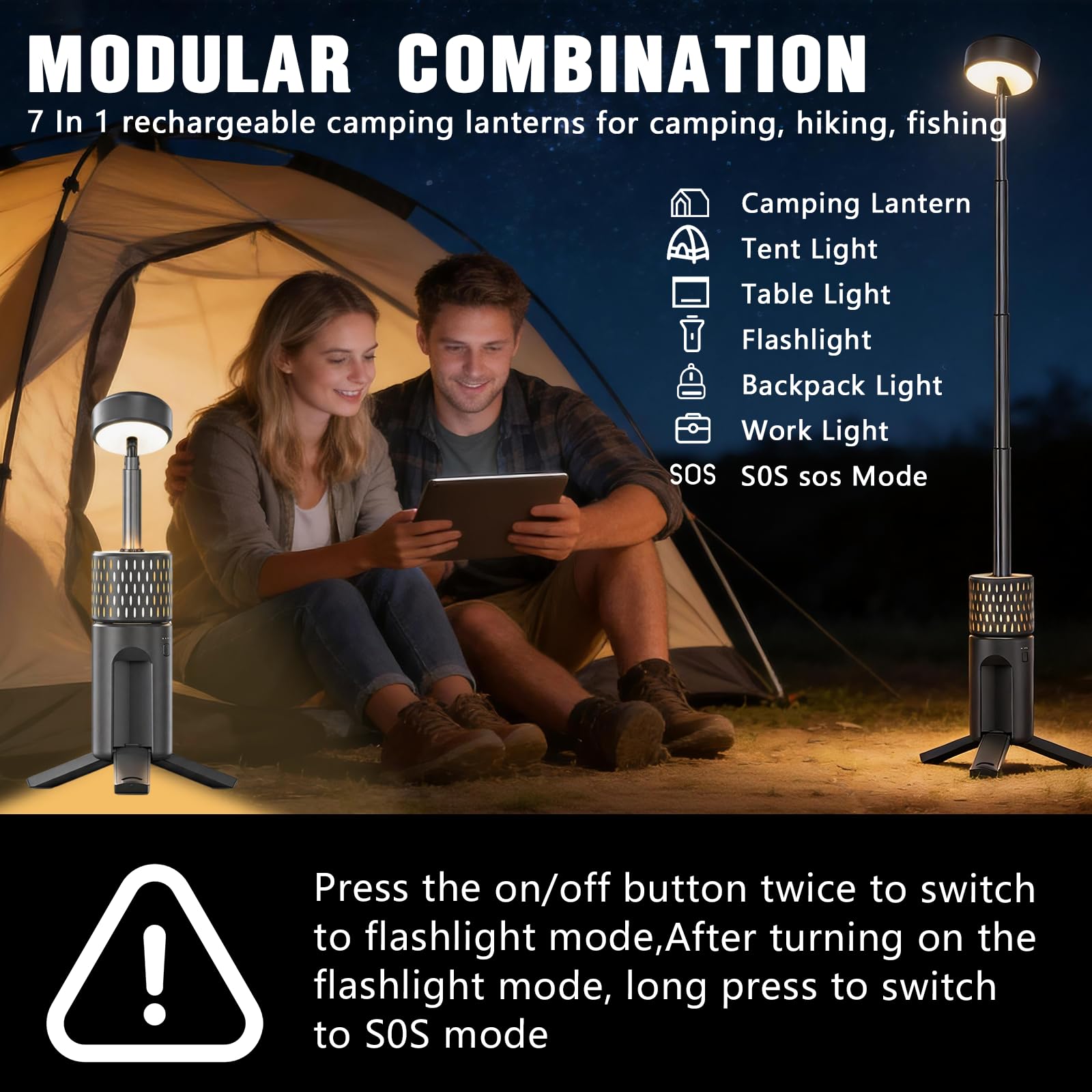 BRGD Linterna de Camping Telescópica Recargable, 5400mAh Trípode LED Multifunción con Bolsa de Almacenamiento para Camping, Pesca y Senderismo, Impermeable IPX54