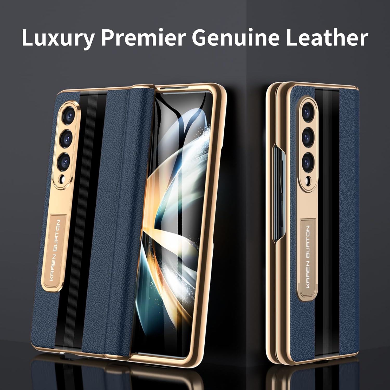 for Samsung Galaxy Z Fold 4 Phone Case [Luxury Premier Genuine Leather][Full Body Hinge Protection][Built-in Screen Protector][Kickstand Drop Proof Protective Cover] for Z Fold4 (Royal Blue)