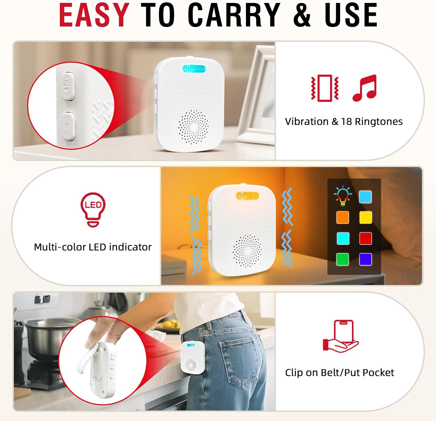 CallToU Caregiver Pager Wireless Call Button Nurse Alert System 500+ Feet for Home/Elderly/Patient/Disabled with 2 Receiver and 3 Buttons