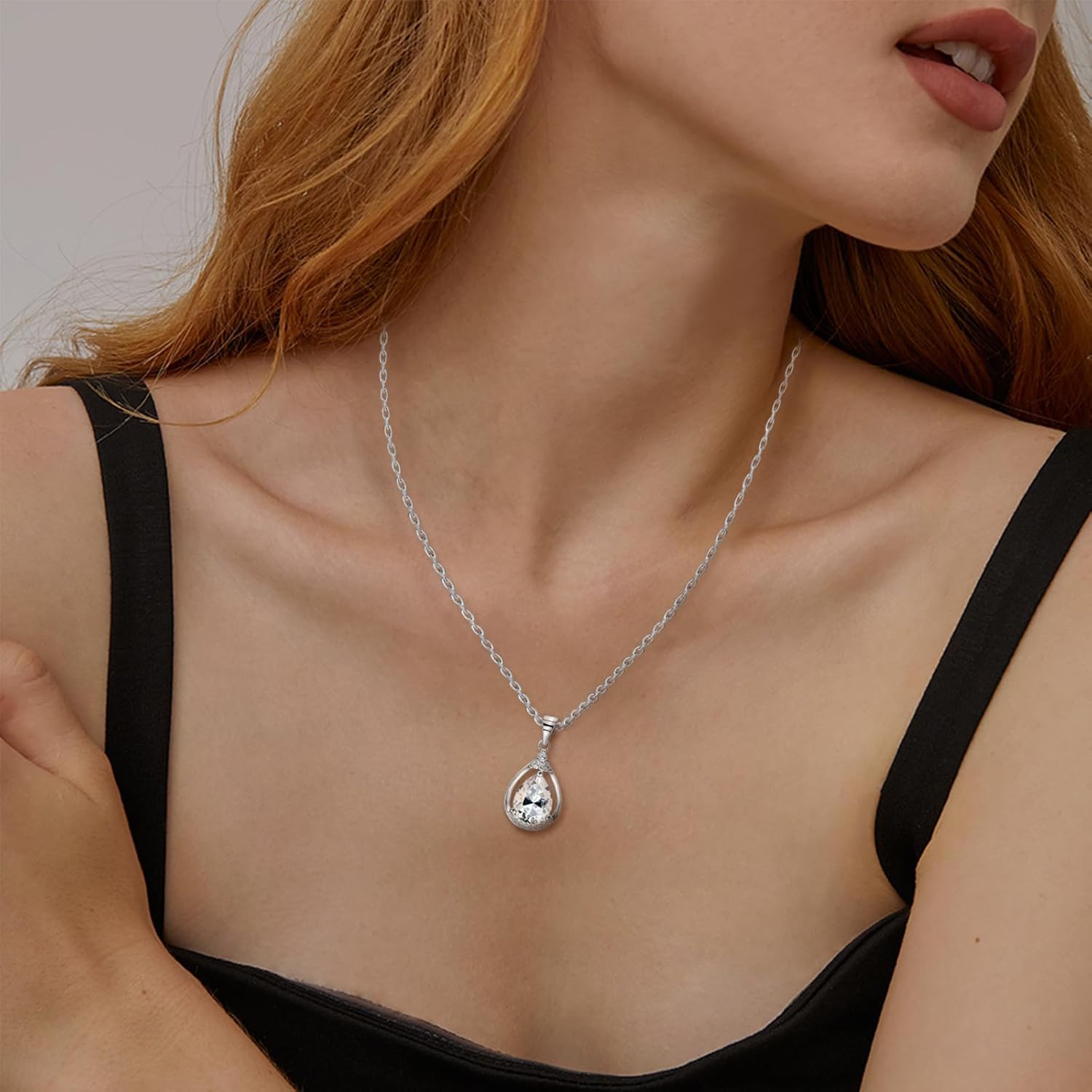 Sterling Silver Teardrop Drop Pendant Necklace for Women Hypoallergenic Cubic Zirconia Adjustable Charm Water Drop Pendant Necklace - Image 2