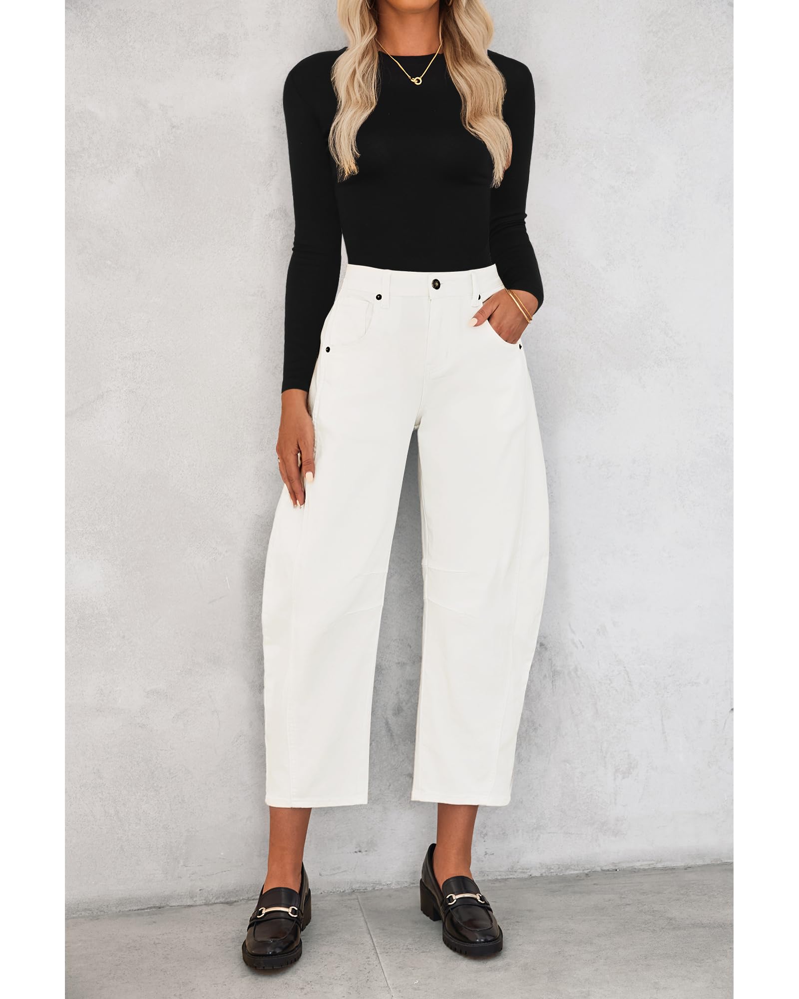 Utyful Jean barrel pour femme, coupe baggy tendance, taille haute, style décontracté et vieilli, extensible, pantalon en denim ample avec poches