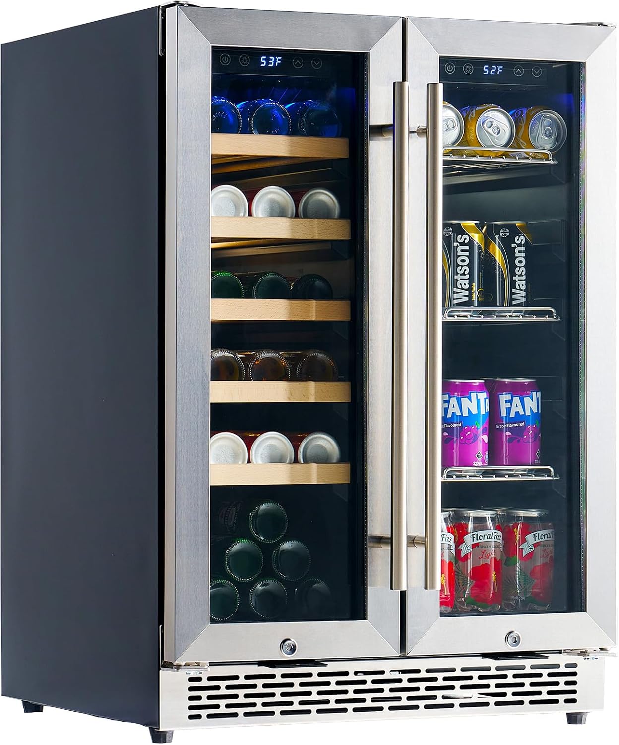 Jocisland Beverage Refrigerator, 24-Inch Dual Zone Fridge Cooler with Glass Door, Built-In or Freestanding for Wine and Beer, Holds 20 Bottles & 78 Cans, 34–64℉ & 41–68℉ for Kitchen, Bar, Office